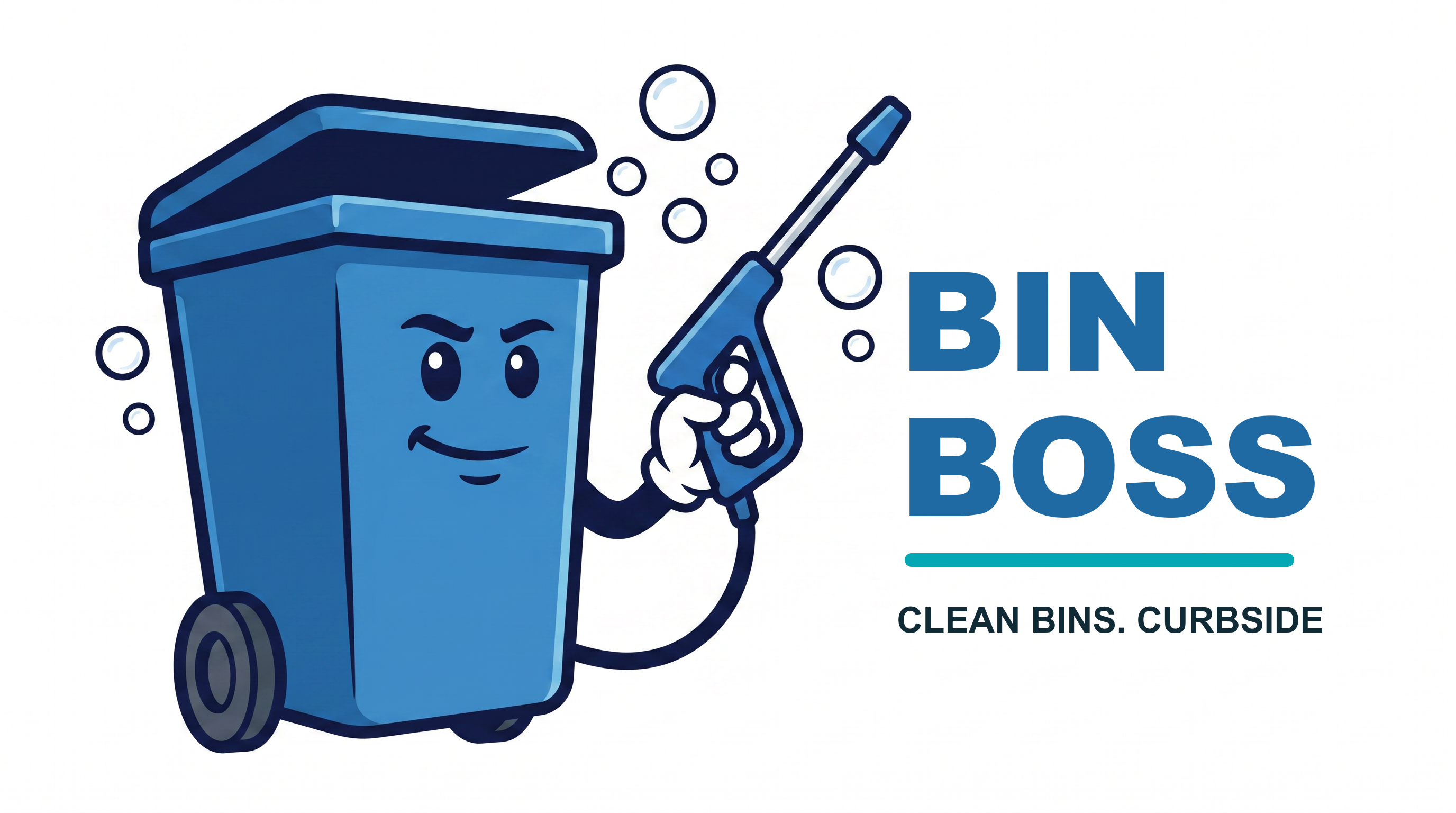 Bin Boss mascot — a friendly blue trash bin holding a pressure-washer wand, with bubbles. Tagline: Clean Bins. Curbside.